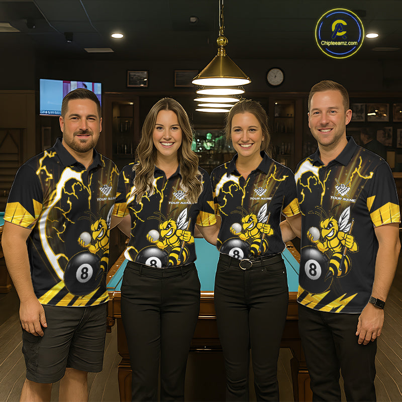 Pool team wearing matching yellow black funny bee thunder lightning 8 ball custom billiard jerseys during tournament competition front view.