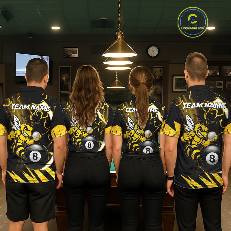 Back view of pool players wearing matching yellow black funny bee thunder lightning 8 ball billiard team shirts and custom pool jerseys.