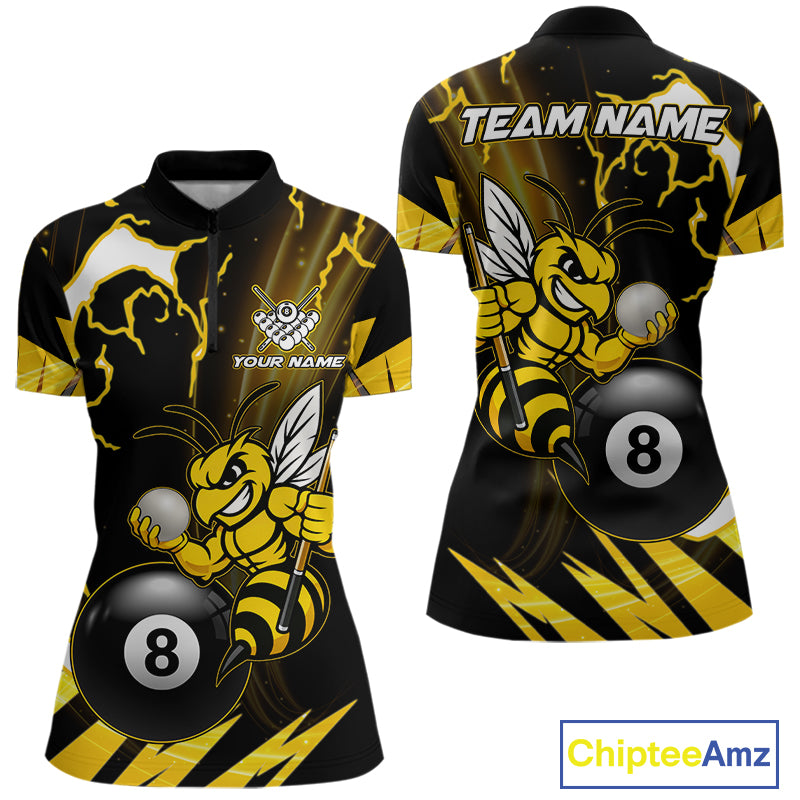 Yellow black funny bee thunder lightning 8 ball quarter zip billiard shirt for women, custom pool team jersey and tournament apparel.