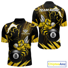 Load image into Gallery viewer, Yellow black funny bee thunder lightning 8 ball quarter zip billiard shirt for men, custom pool team jersey and tournament apparel.