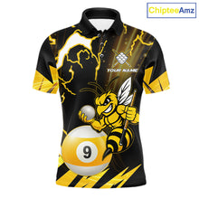 Load image into Gallery viewer, Yellow black funny bee thunder lightning 9 ball custom billiard polo shirt for men, personalized pool team jersey for tournaments.