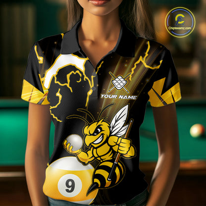 Woman wearing a yellow black funny bee thunder lightning 9 ball custom billiard jersey front view, personalized pool team shirt.