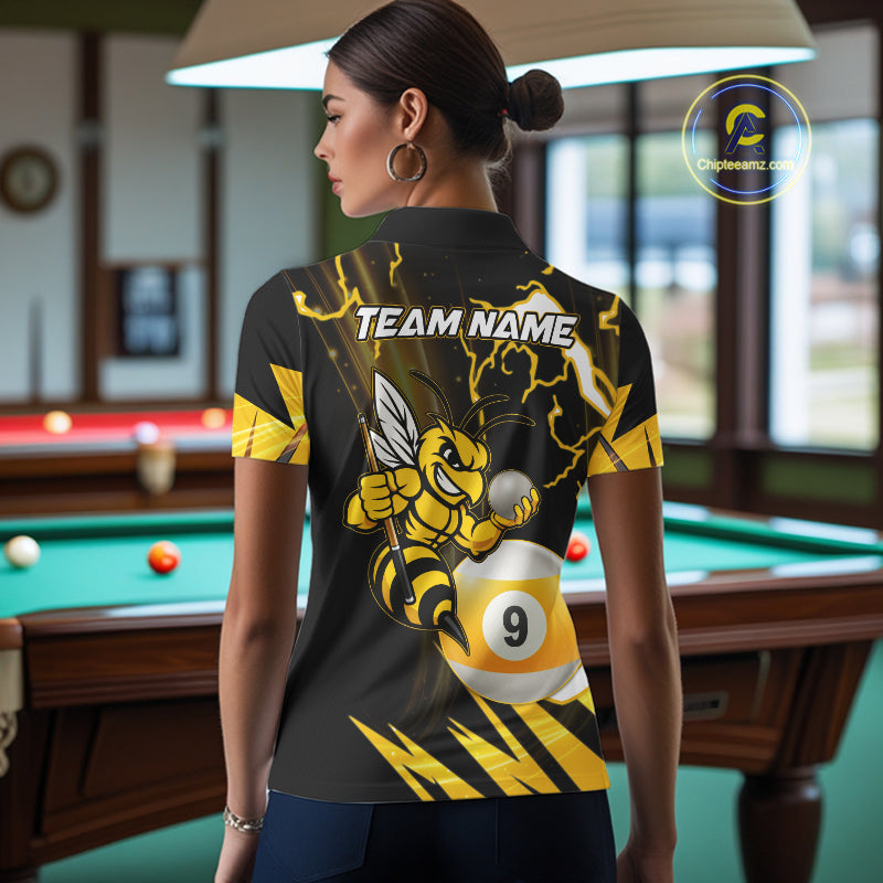 Back view of woman wearing a yellow black funny bee thunder lightning 9 ball billiard team jersey, custom pool tournament shirt.