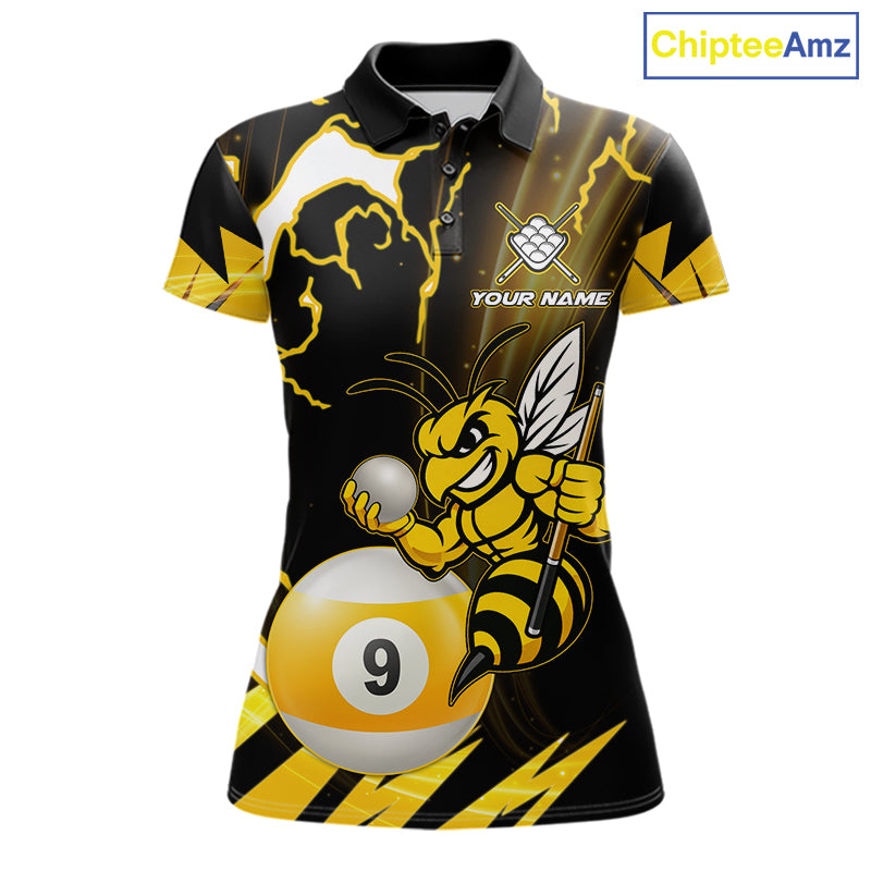 Yellow black funny bee thunder lightning 9 ball custom billiard polo shirt for women, personalized pool team jersey for tournaments.
