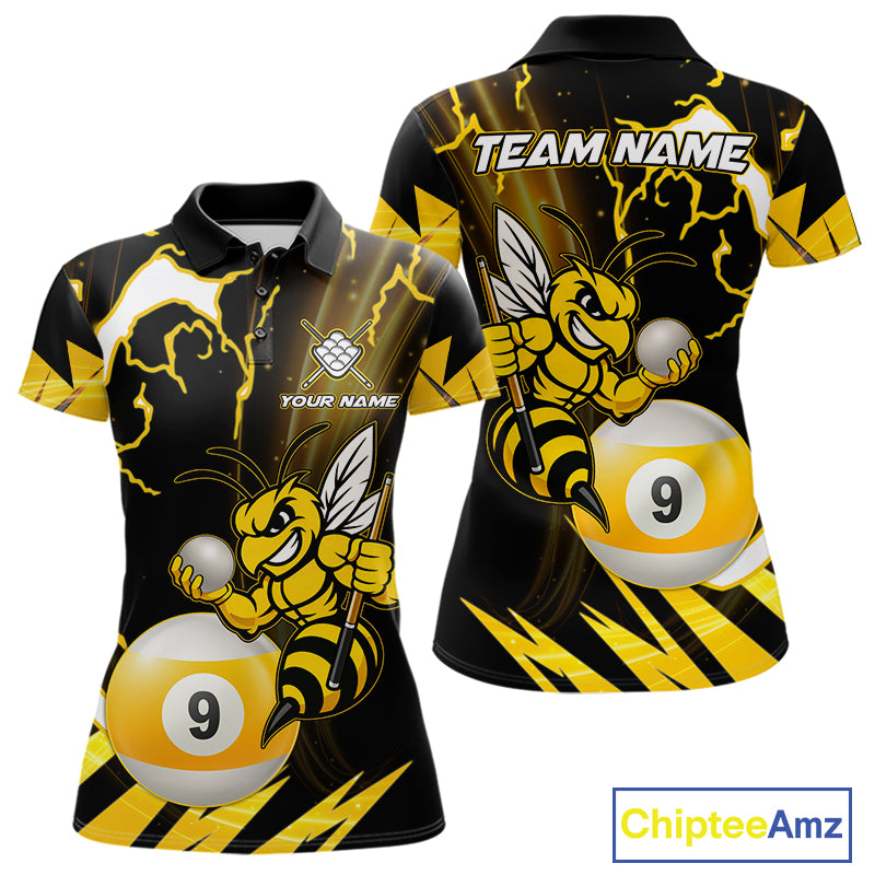 Yellow black funny bee thunder lightning 9 ball pool team polo shirt with custom billiard graphics, personalized billiard team jersey.