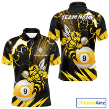 Load image into Gallery viewer, Yellow black funny bee thunder lightning 9 ball pool team polo shirt with custom billiard graphics, personalized billiard team jersey.