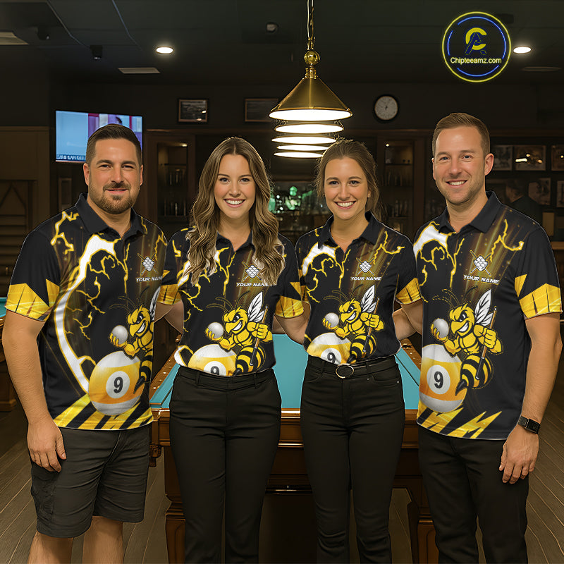 Pool team wearing matching yellow black funny bee thunder lightning 9 ball custom billiard jerseys during tournament competition front view.