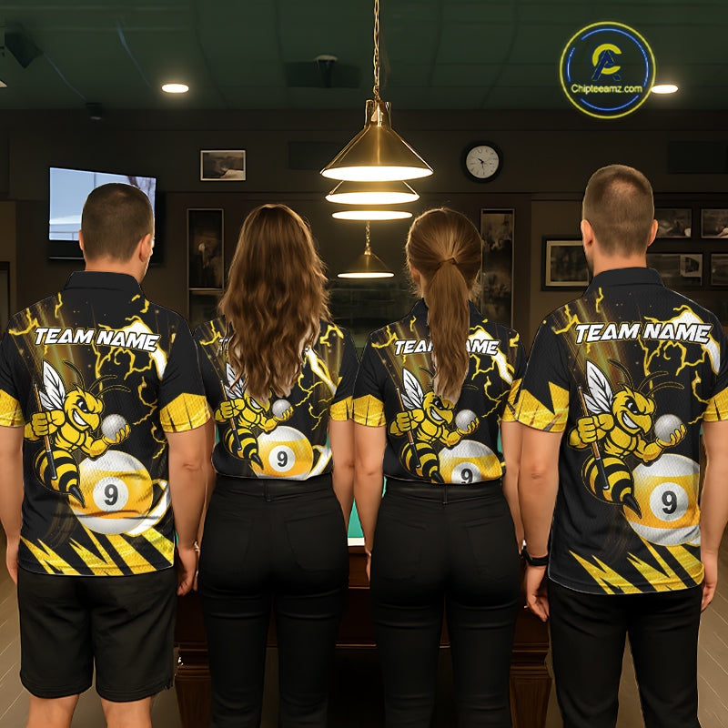 Back view of pool players wearing matching yellow black funny bee thunder lightning 9 ball billiard team shirts and custom pool jerseys.
