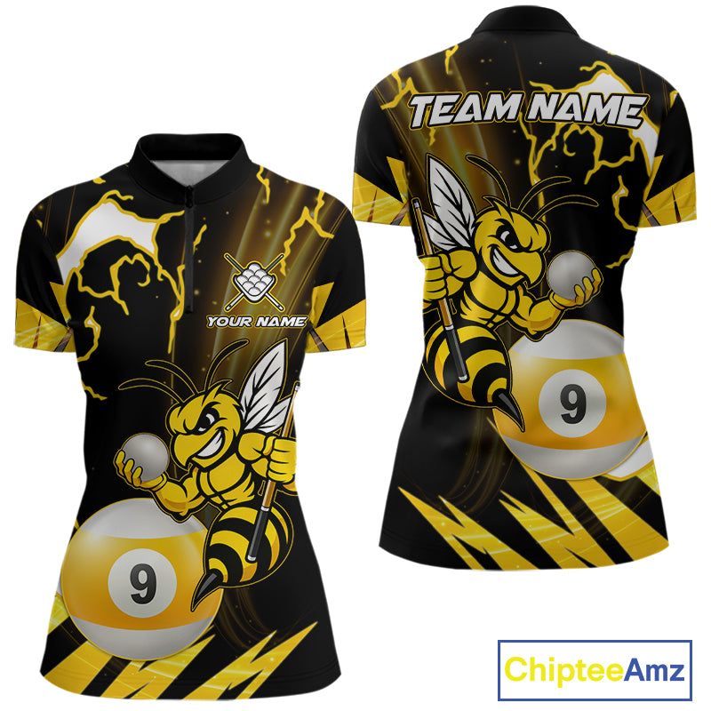 Yellow black funny bee thunder lightning 9 ball quarter zip billiard shirt for women, custom pool team jersey and tournament apparel.