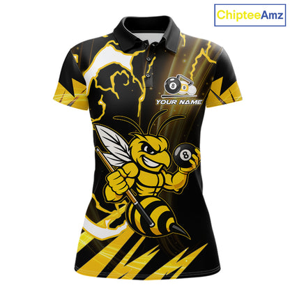 Yellow black funny bee 8 ball and 9 ball custom billiard polo shirt for women, personalized pool team jersey for tournaments.