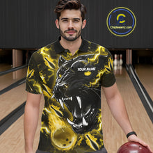 Load image into Gallery viewer, Man wearing a yellow flame panther bowling polo shirt front view, custom bowling league jersey for men.