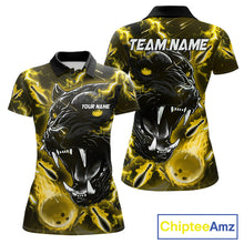 Load image into Gallery viewer, Yellow flame panther bowling team polo shirt for women with custom league and tournament graphics.