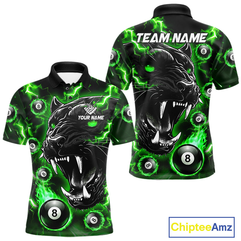 Green flaming panther 8 ball pool team polo shirt with custom billiard graphics, personalized billiard team jersey.