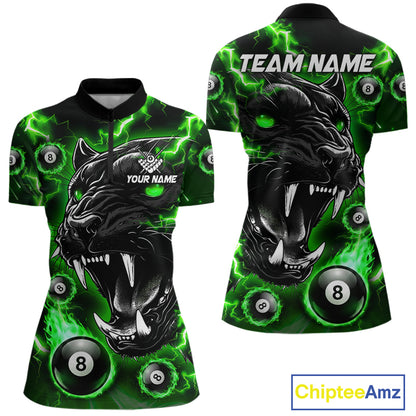 Green flaming panther 8 ball quarter zip billiard shirt for men, custom pool team jersey and tournament apparel.