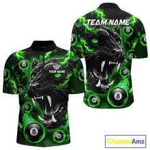 Load image into Gallery viewer, Green flaming panther 8 ball quarter zip billiard shirt for women, custom pool team jersey and tournament apparel.