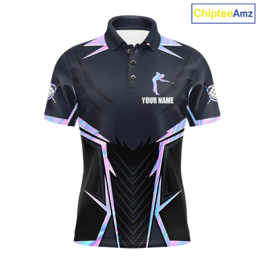 Holographic 8 Ball Pool Billiard Polo Shirt Featuring a Vibrant Iridescent Design for Custom Team Jerseys, League Competition, and Tournament Events