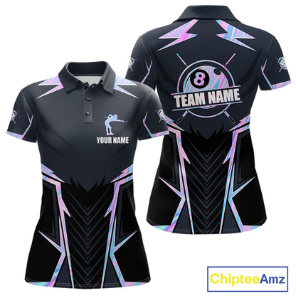 Holographic 8 Ball Pool Billiard Polo Shirt Featuring Vibrant Iridescent Artwork for Custom Team Jerseys, League Competition, and Tournament Events