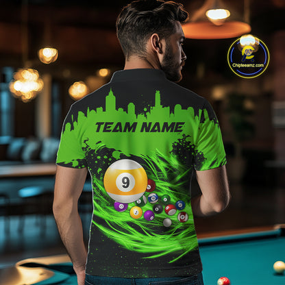 Man Wearing Custom Black and Green 9 Ball Billiard Team Jersey Featuring the Complete Rear Graphic Design, Back View