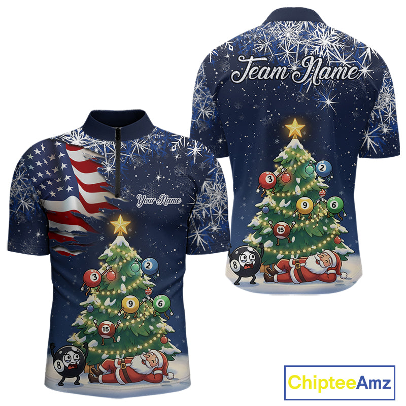 Funny Santa Christmas Billiard Shirts For Men Custom US Flag Xmas Pine Tree Pool Team Shirt TDM5289