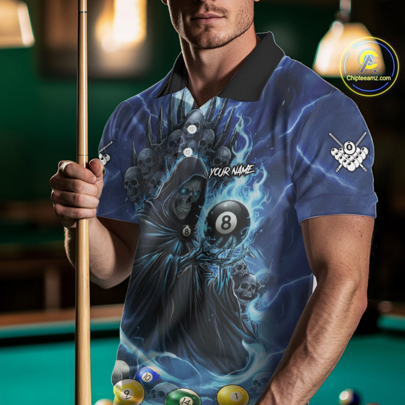Blue Grim Reaper Lightning Billiard Shirt For Men Custom 8 Ball Pool Jersey Team Polo & 1/4 Zip TDM5292
