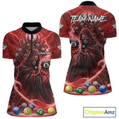 Red Grim Reaper Lightning Billiard Shirt For Women Custom 8 Ball Pool Jersey Team Polo & 1/4 Zip TDM5294
