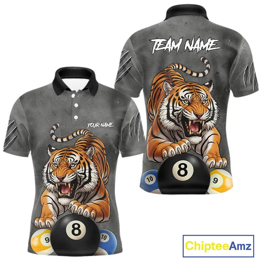 Funny Tiger 8 Ball, 9 Ball & 10 Ball Billiard Shirt For Men Custom Pool Team Jersey | Grey TDM5540