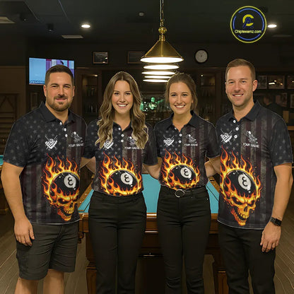 Vintage American Flag Skull Flame Billiard Shirt For Women Custom Patriotic 8 Ball Pool Team Jersey TDM5545