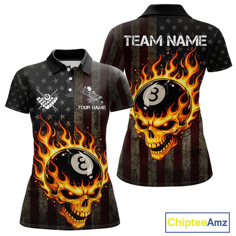 Vintage American Flag Skull Flame Billiard Shirt For Women Custom Patriotic 8 Ball Pool Team Jersey TDM5545