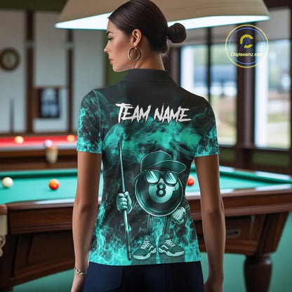 Turquoise Funny 8 Ball Pool Flame Smoke Billiard Shirt For Women Custom Billiard Team Jersey  TDM5547