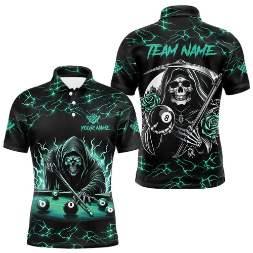 Turquoise Funny Death Skeleton Roses 8 Ball Pool Men Billiard Shirts Custom Thunder Billiard Jersey TDM3630