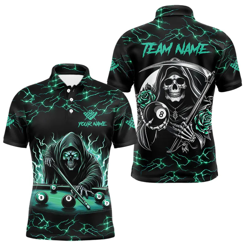 Turquoise Funny Death Skeleton Roses 8 Ball Pool Men Billiard Shirts Custom Thunder Billiard Jersey TDM3630