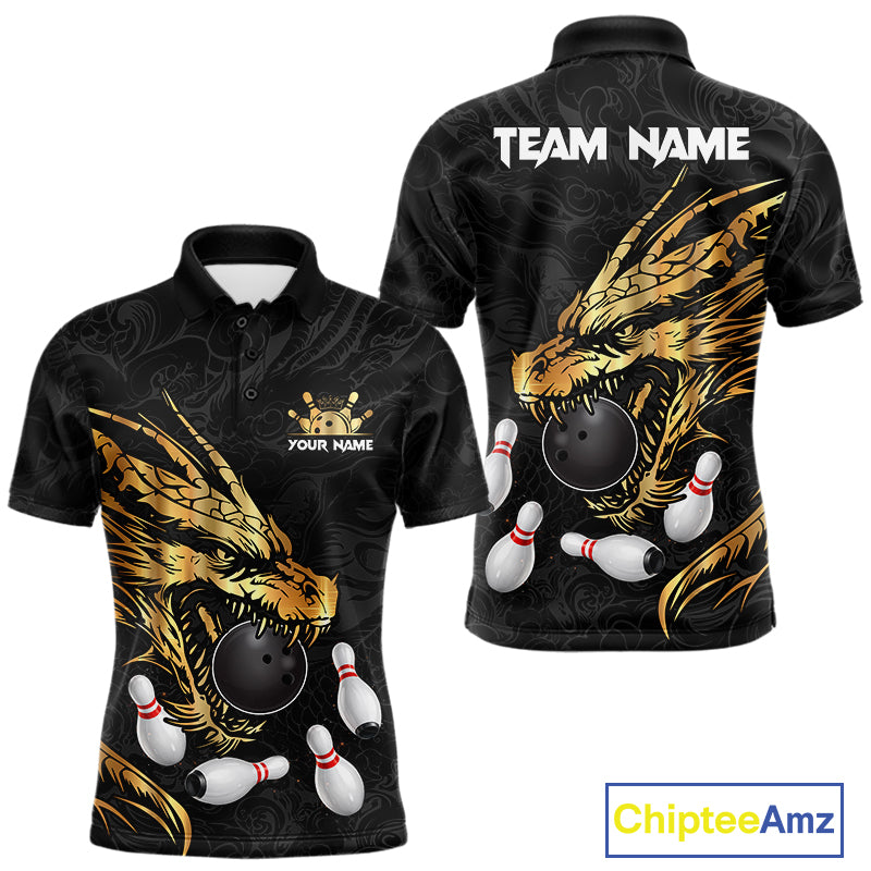 Black And Gold Custom Dragon Bowling Shirt For Men, Bowling Team Jersey Polo & Quarter Zip TDM6165
