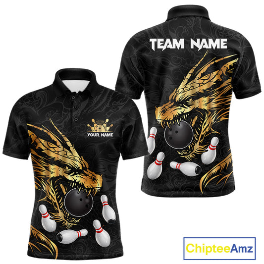 Black And Gold Custom Dragon Bowling Shirt For Men, Bowling Team Jersey Polo & Quarter Zip TDM6165