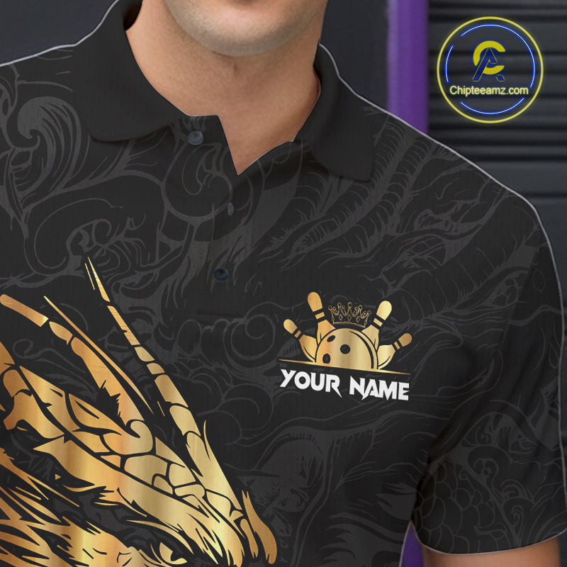 Black And Gold Custom Dragon Bowling Shirt For Men, Bowling Team Jersey Polo & Quarter Zip TDM6165
