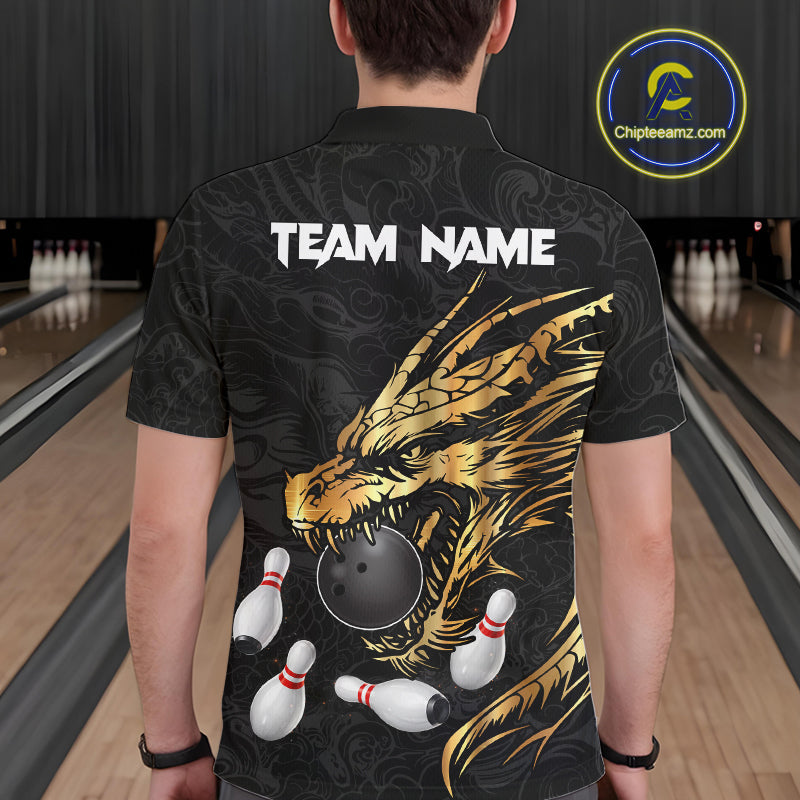 Black And Gold Custom Dragon Bowling Shirt For Men, Bowling Team Jersey Polo & Quarter Zip TDM6165