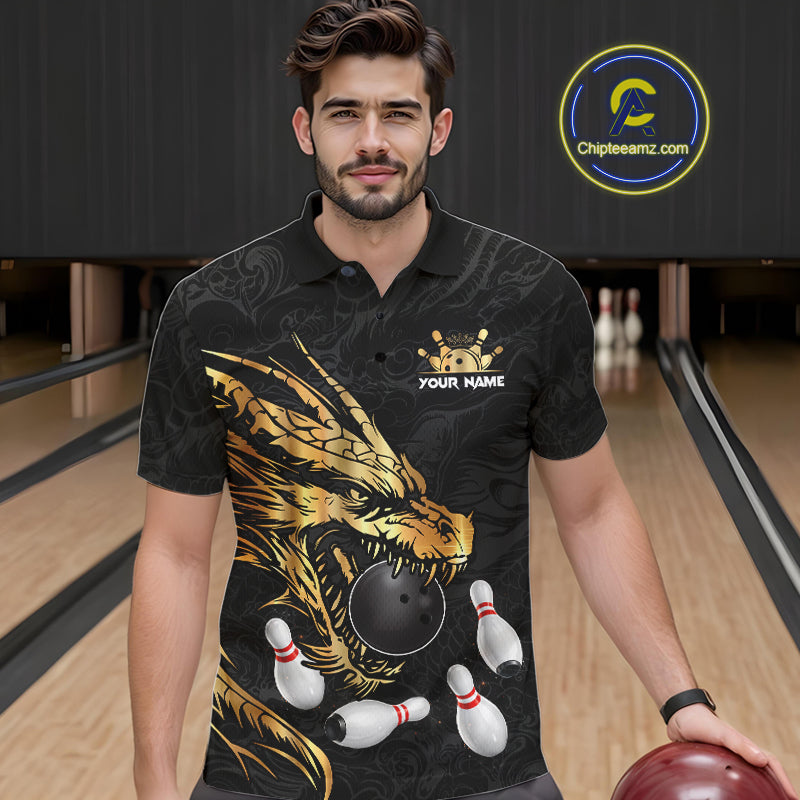 Black And Gold Custom Dragon Bowling Shirt For Men, Bowling Team Jersey Polo & Quarter Zip TDM6165