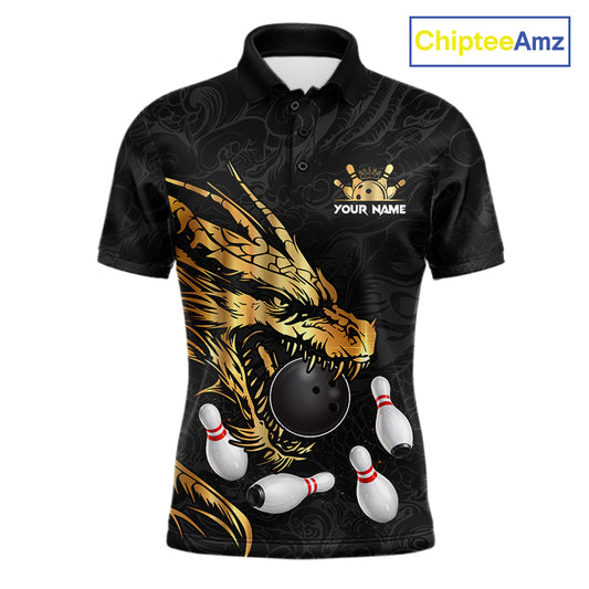 Black And Gold Custom Dragon Bowling Shirt For Men, Bowling Team Jersey Polo & Quarter Zip TDM6165