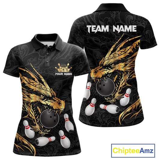 Black And Gold Custom Dragon Bowling Shirt For Women, Bowling Team Jersey Polo & Quarter Zip TDM6165