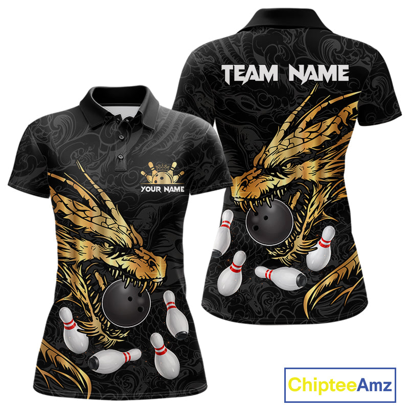 Black And Gold Custom Dragon Bowling Shirt For Women, Bowling Team Jersey Polo & Quarter Zip TDM6165