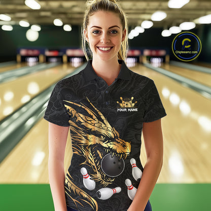 Black And Gold Custom Dragon Bowling Shirt For Women, Bowling Team Jersey Polo & Quarter Zip TDM6165