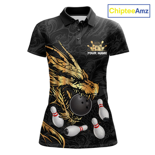 Black And Gold Custom Dragon Bowling Shirt For Women, Bowling Team Jersey Polo & Quarter Zip TDM6165