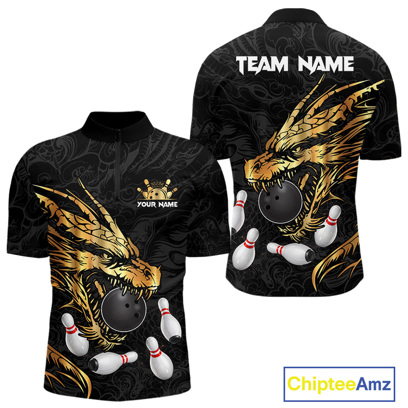 Black And Gold Custom Dragon Bowling Shirt For Men, Bowling Team Jersey Polo & Quarter Zip TDM6165