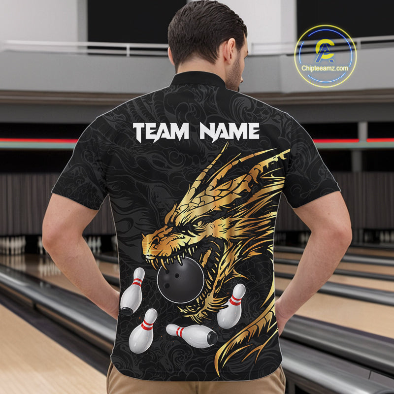 Black And Gold Custom Dragon Bowling Shirt For Men, Bowling Team Jersey Polo & Quarter Zip TDM6165