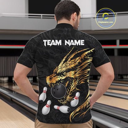 Black And Gold Custom Dragon Bowling Shirt For Men, Bowling Team Jersey Polo & Quarter Zip TDM6165