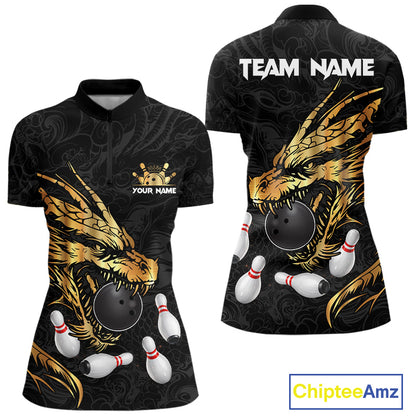 Black And Gold Custom Dragon Bowling Shirt For Women, Bowling Team Jersey Polo & Quarter Zip TDM6165