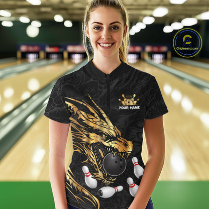 Black And Gold Custom Dragon Bowling Shirt For Women, Bowling Team Jersey Polo & Quarter Zip TDM6165