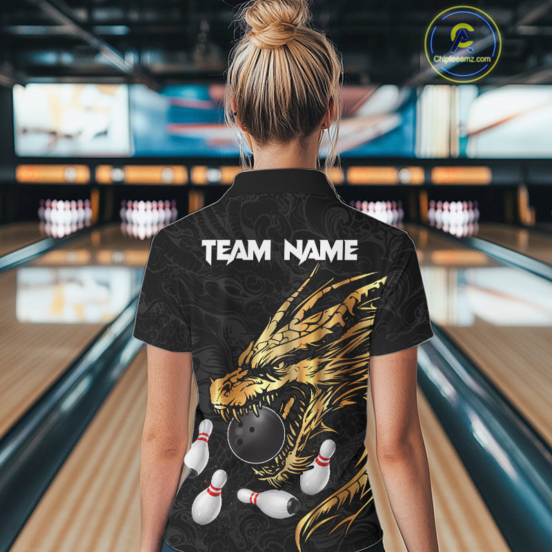 Black And Gold Custom Dragon Bowling Shirt For Women, Bowling Team Jersey Polo & Quarter Zip TDM6165