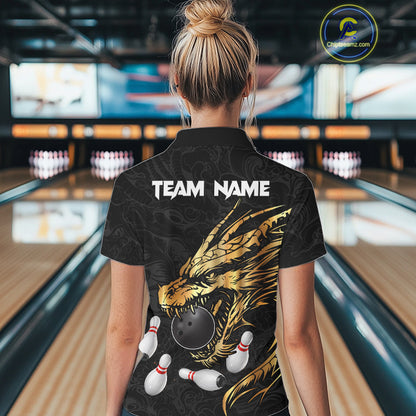 Black And Gold Custom Dragon Bowling Shirt For Women, Bowling Team Jersey Polo & Quarter Zip TDM6165