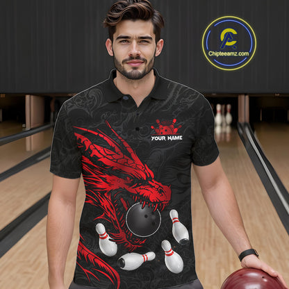 Black And Red Custom Dragon Bowling Shirt For Men, Bowling Team Jersey Polo & Quarter Zip TDM6166