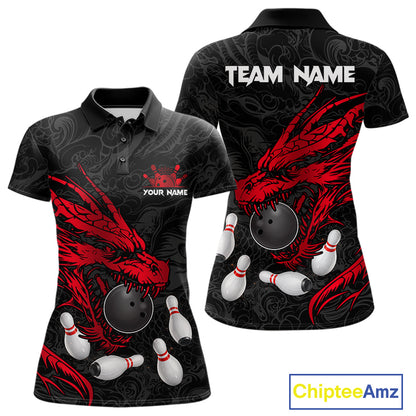 Black And Red Custom Dragon Bowling Shirt For Women, Bowling Team Jersey Polo & Quarter Zip TDM6166